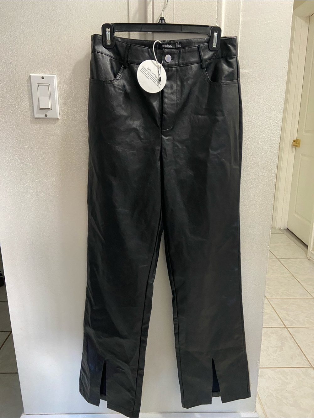 Boohoo Black Faux Leather Straight Leg Pants with Front Slits
